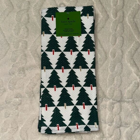 kate spade 2 Cotton White Green Red Gold Metallic Christmas Tree Kitchen Towels - Picture 1 of 8